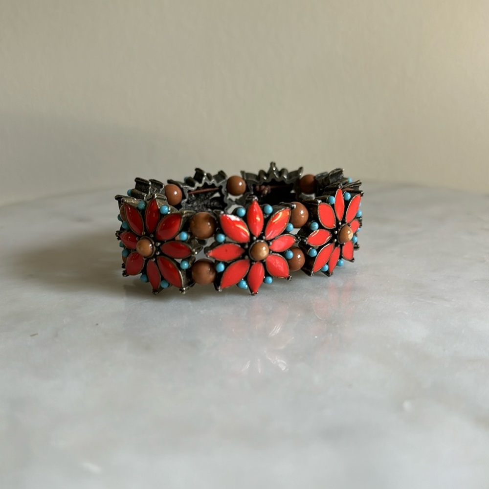 Red / Blue / Brown Floral Beaded Stretch Metal Bracelet Bohemian Style
